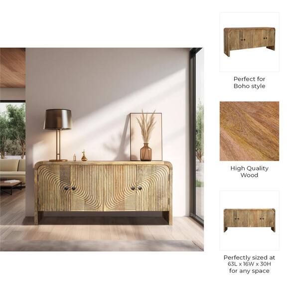 Liv & Skye Brown Wood 63 in. Carved Front Waterfall Edge Sideboard