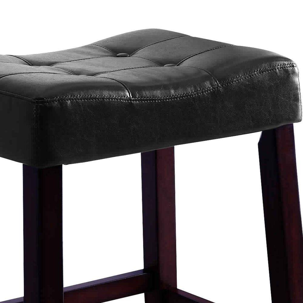 Black and Brown Button Tufted Saddle Seat Wooden Stools, Set of 2