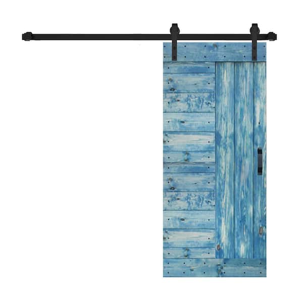 ISLIFE L Series 38 in. x 84 in. Worn Navy Finished Solid Wood Sliding Barn Door with Hardware Kit - Assembly Needed