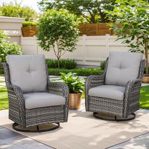 Gray Swivel Wicker Outdoor Rocking Chair with Gray Cushions and Glide Function (2-Pack)