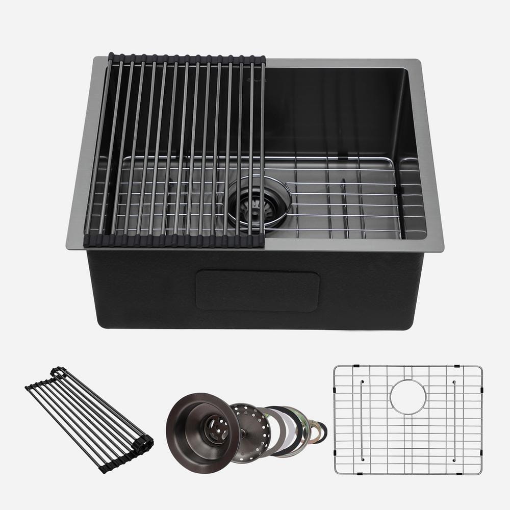 Gunmetal Black 16 Gauge Stainless Steel 23 in. Single Bowl Rectangular Undermount Front Kitchen Sink -  Sarlai, NN-23UBA