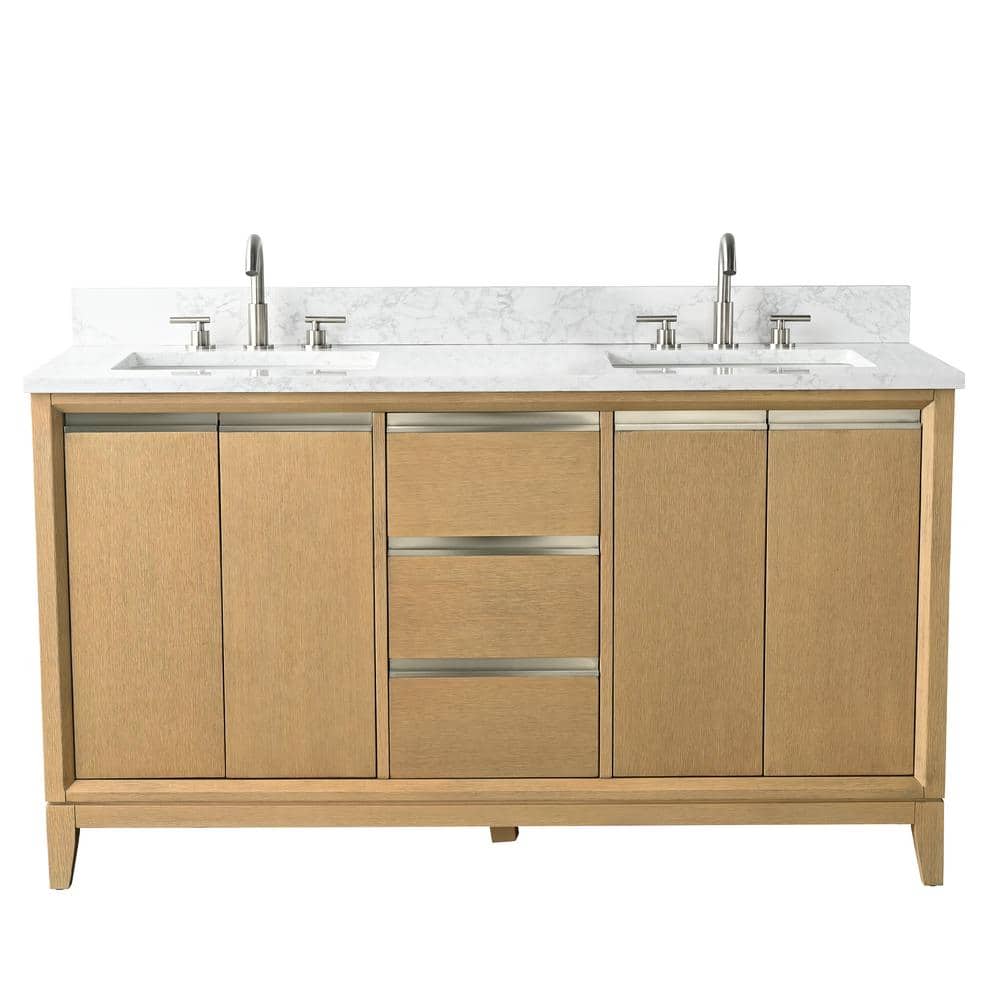 60" Natural Oak Double Sink Bathroom Vanity with Engineered Marble Top