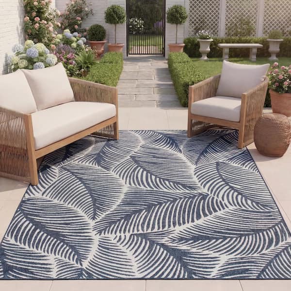 Beach House 9 ft. x 12 ft. Navy/Ivory Botanical Leaf Indoor/Outdoor Area Rug
