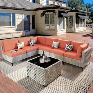 Taurus 7-Piece Wicker Outdoor Sectional Set with Orange Red Cushions