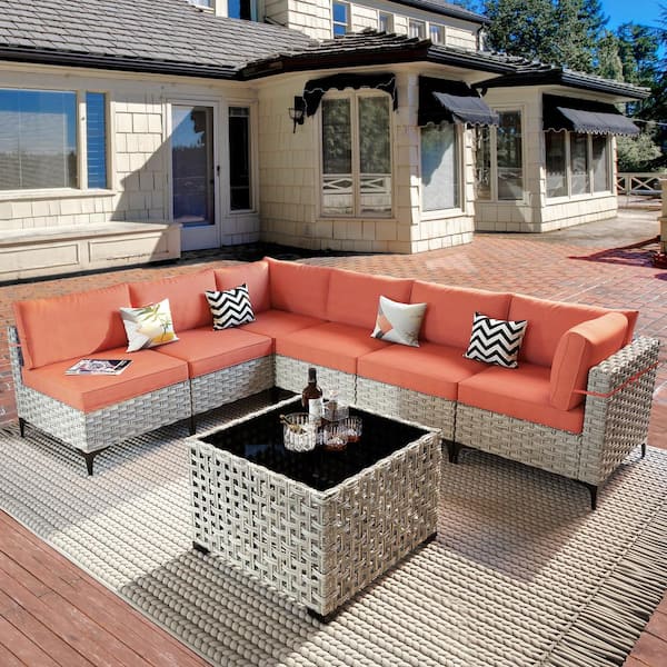 XIZZI Apollo 7-Piece Wicker Outdoor Patio Conversation Seating Set with Orange Red Cushions