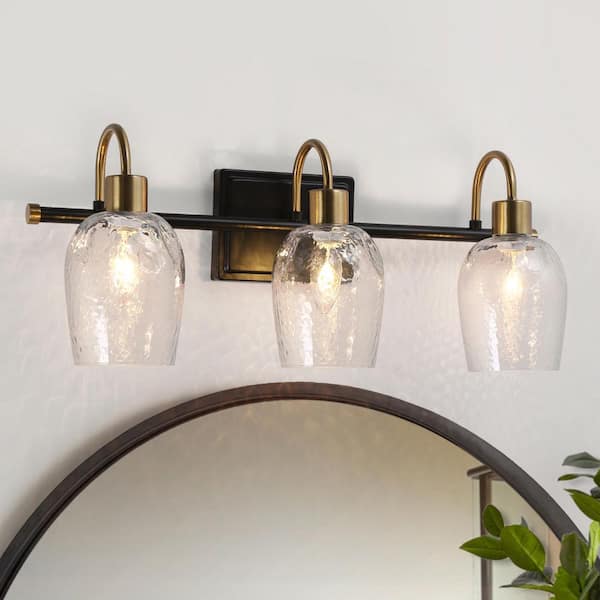 21.5 in. 3-Light Brass Gold Bathroom Vanity Light, Hammer Glass Black Bath Bar Vanity Light, Modern Indoor Wall Sconce