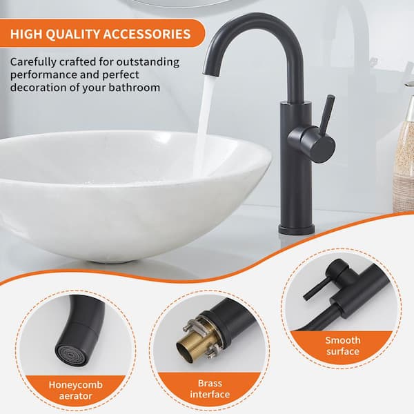 Single Hole Single Handle High Arc Bathroom Bathroom Vessel Sink Faucet With Swivel Spout in Matte Black