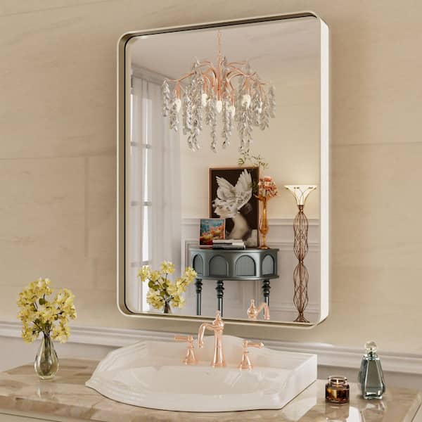Swafrrt 22 in. W x 30 in. H Rectangular Aluminum Alloy Framed Rounded Sliver Wall Mirror