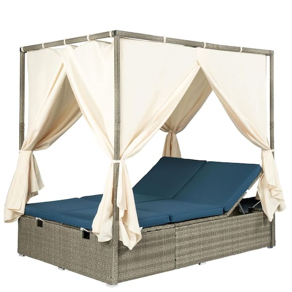 Gray Wicker Outdoor Day Bed with Removable Dark Blue Cushions, Patio Sofa Bed with Canopy and Adjustable Seat