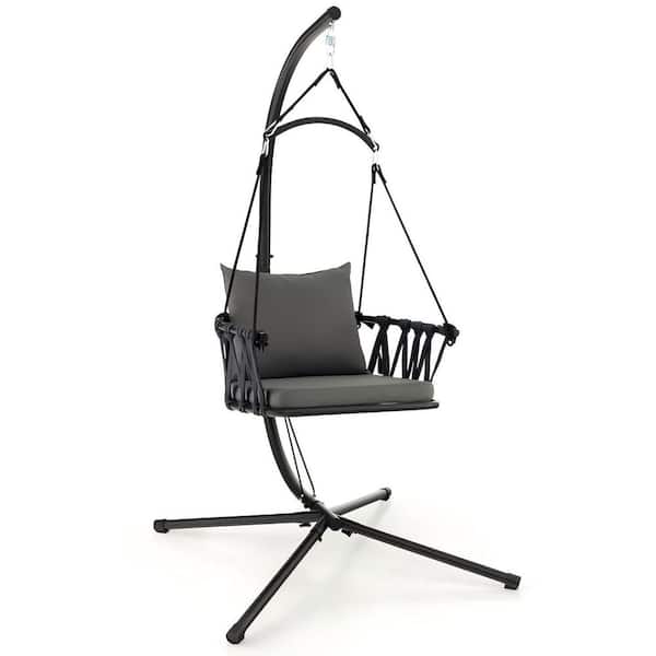 ANGELES HOME 1-Person Metal Freestanding Patio Swing Hanging Chair with Cushions, 330 lbs Max Load