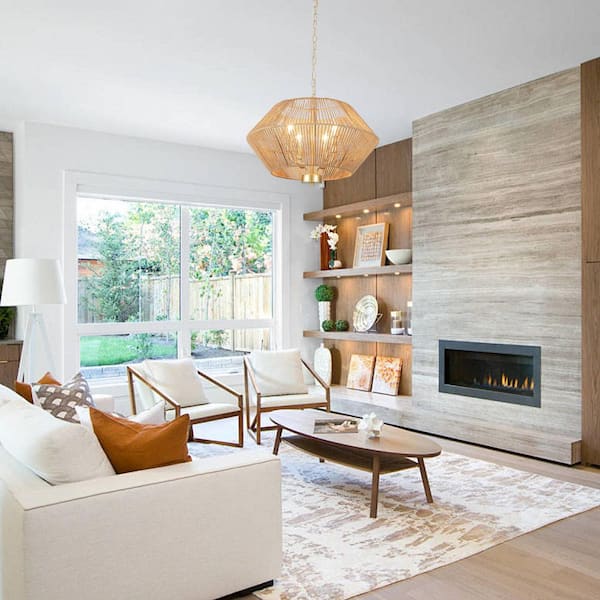 1-Light Gold Geometric Hanging Linear Chandelier Lighting with Hemp Rope Shade for Kitchen Island