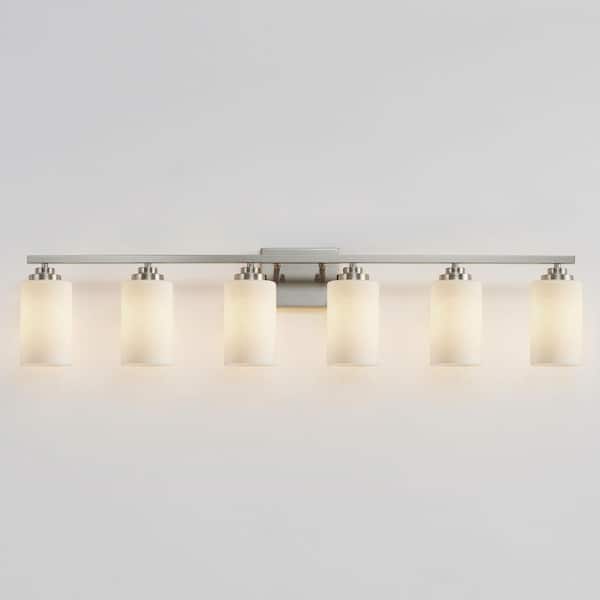 43.2 in. 6-Light Brushed Nickel Vanity Light with Frosted Glass Shade