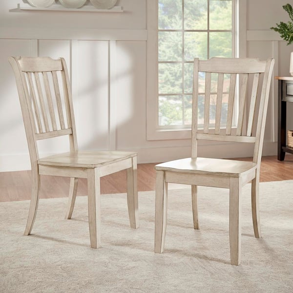 Antique White Slat Back Wood Dining Chairs (Set of 2)