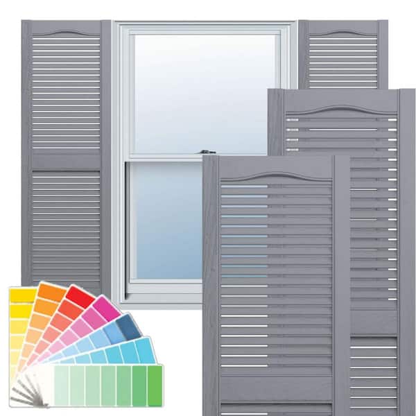 Ekena Millwork 14-1/2 in. x 56 in. Lifetime Vinyl Custom Cathedral Top Center Mullion Open Louvered Shutters Pair Paintable
