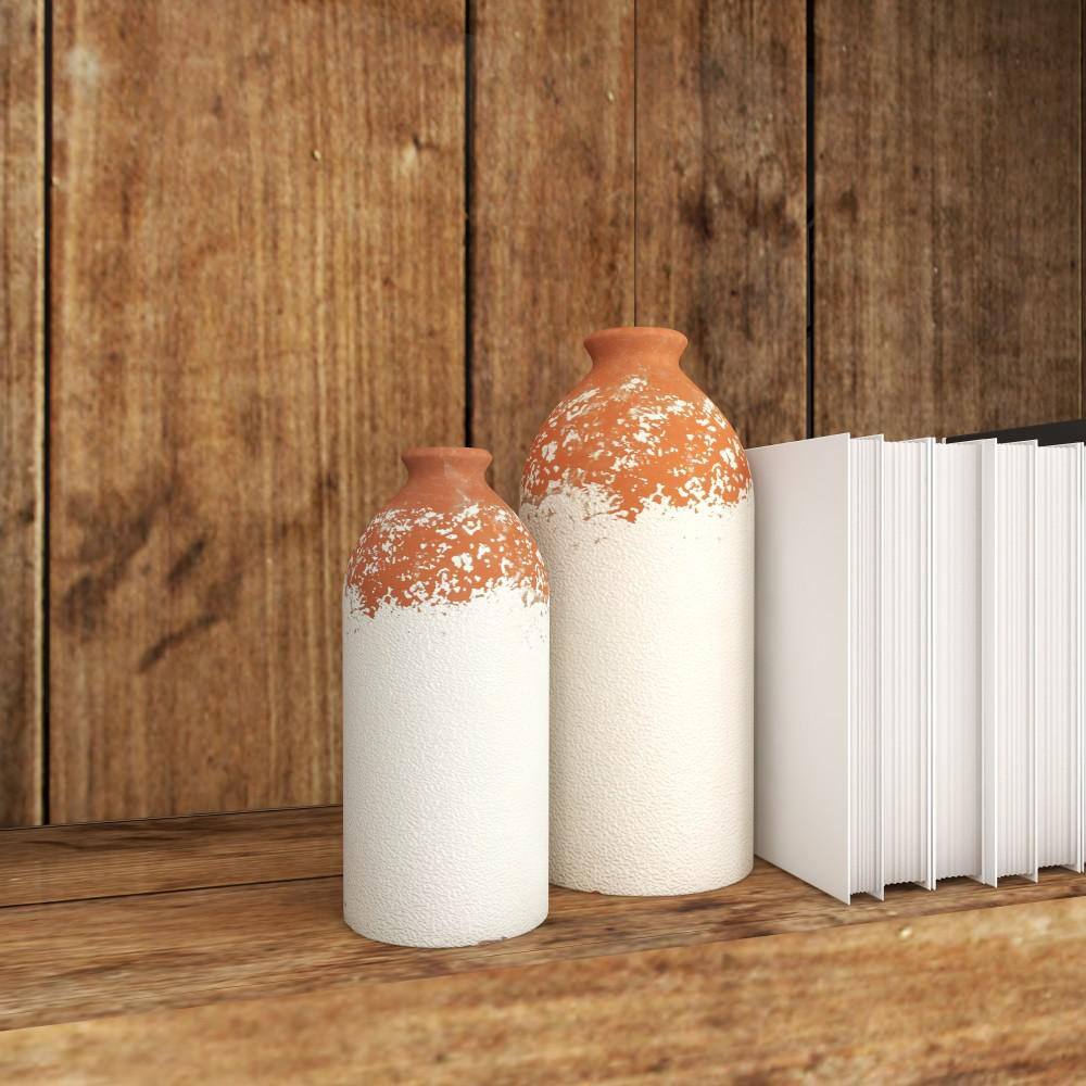 Set of 2 White and Terracotta Ceramic Bottle-Shaped Vases