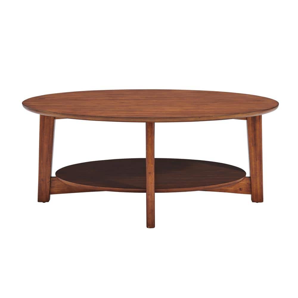 Elegant Oval Mid-Century Chestnut Wood Coffee Table with Floating Shelf