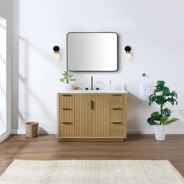 Evelyn 49 in. W x 22 in. D x 34.2 in. H Single Freestanding Bathroom Vanity in Nature Oak with Quartz Countertop