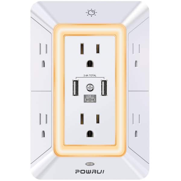 White 6-Outlet Extender Power Strip, 3-Sided Surge Protector Outlets with 3 USB Ports (1 USB C) and Night Light
