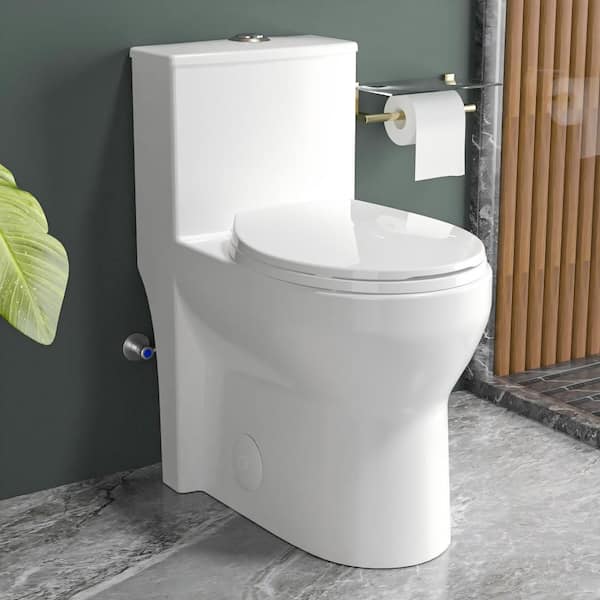 1-Piece Toilet 17 in. ADA Toilet Round Dual Flush 1.0/1.28 GPF in White with Soft Close Seat Included 12 in. Rough In