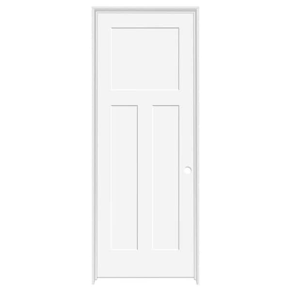 Steves & Sons 24 in. x 80 in. 3-Panel Mission Shaker White Primed LH Solid Core Wood Single Prehung Interior Door with Nickel Hinges