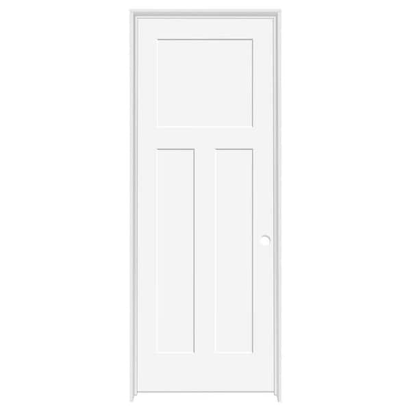 36 in. x 80 in. 3-Panel Mission Shaker White Primed LH Solid Core Wood Single Prehung Interior Door with Nickel Hinges