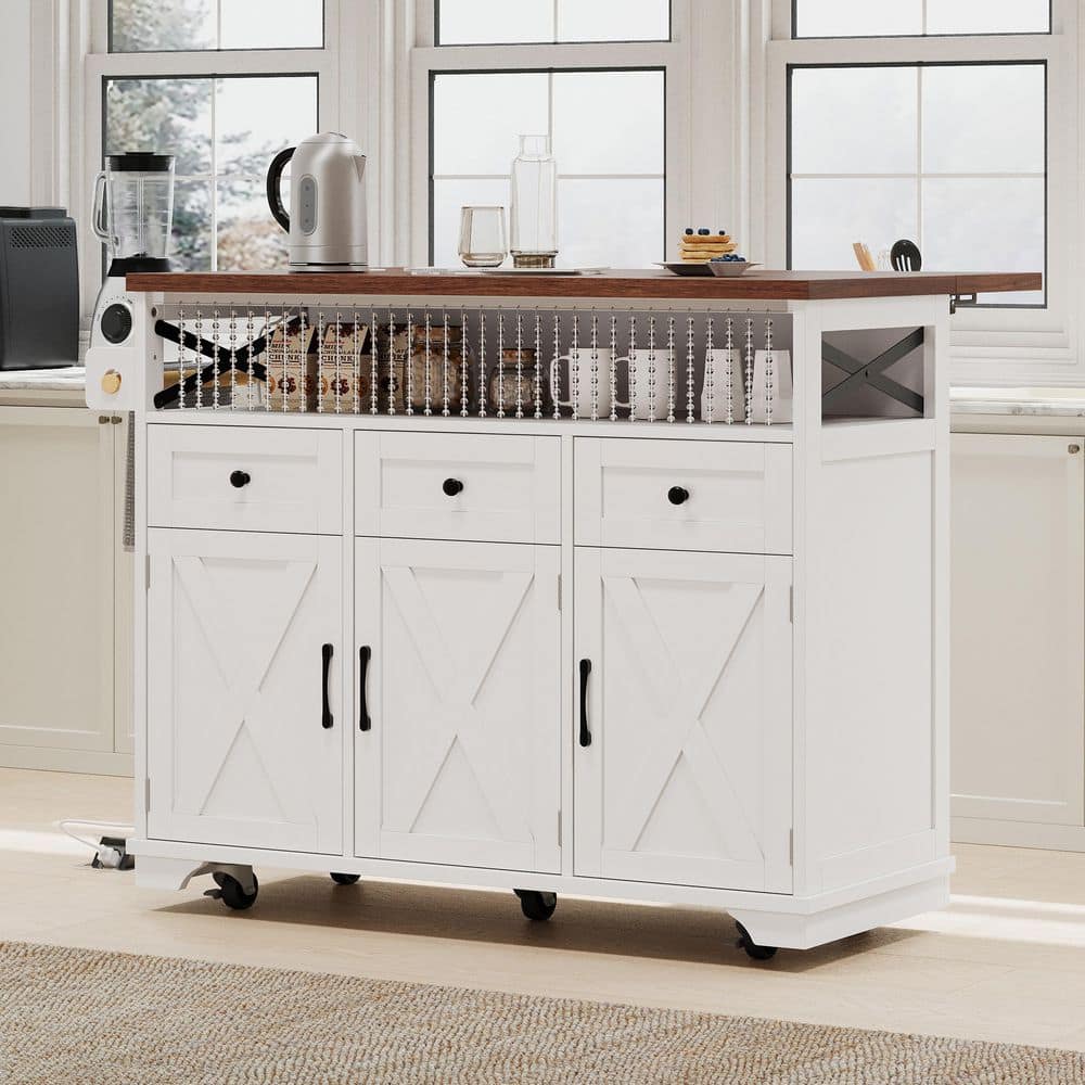 Ziyudura White Wood 46.5 in. Kitchen Island with Drop Leaf, Power