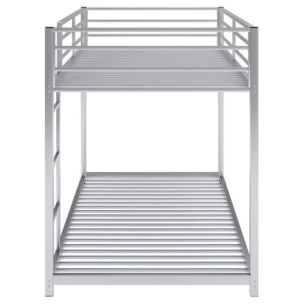 Silver Twin Over Twin Low Bunk Bed with Ladder, Sturdy Metal Frame with Safety Rails