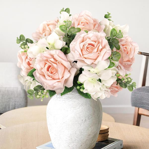 LIVING LUXURY 19 in. Light Blush Artificial Elegant Rose Hydrangea Flower Stem Bush Bouquet (Set of 2)