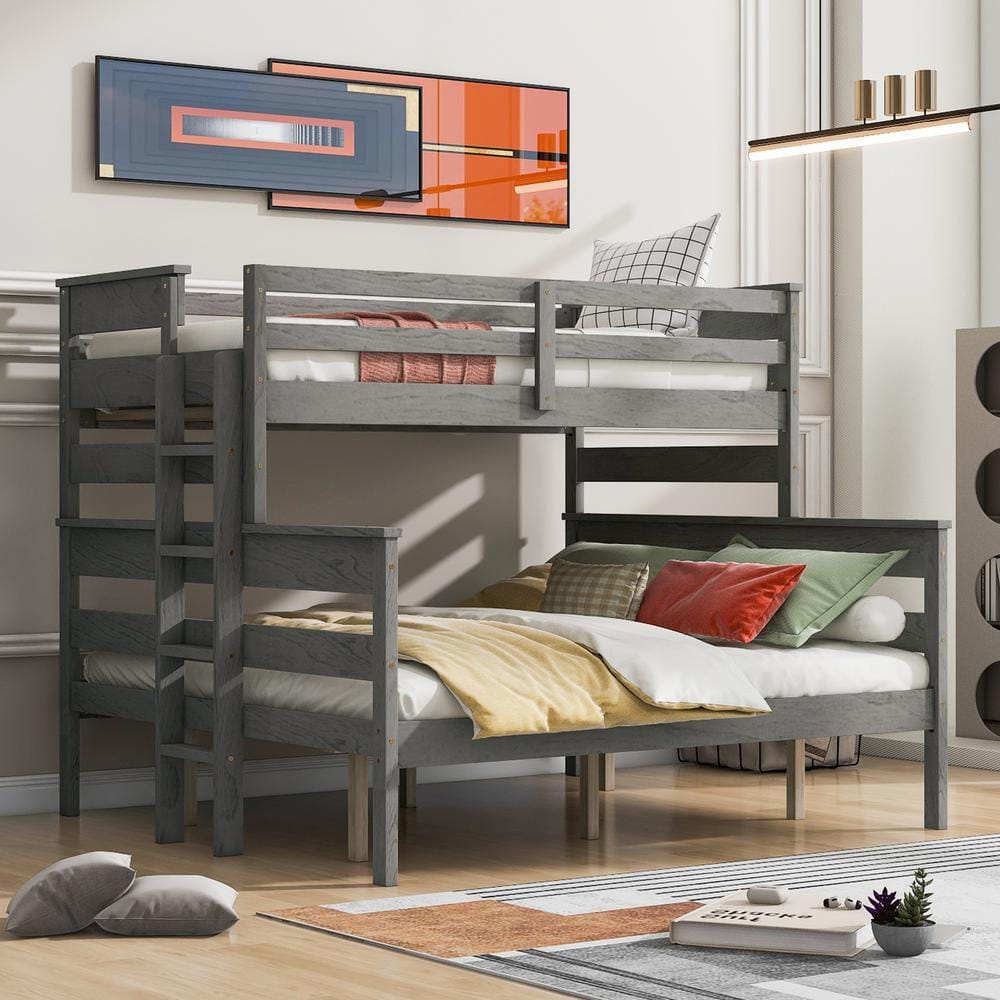 Detachable Style Gray Twin XL over Queen Wood Bunk Bed with Built-in Ladder, Full-Length Bedrails -  Harper & Bright Designs, QHS361AAE-Q