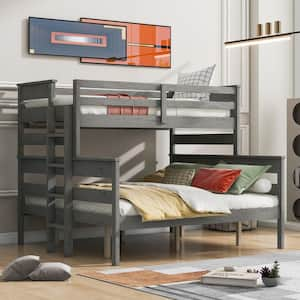 Detachable Style Gray Twin XL over Queen Wood Bunk Bed with Built-in Ladder, Full-Length Bedrails