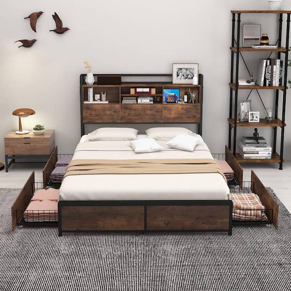 Vintage Brown Metal Frame Queen Size Platform Bed Frame w/Bookcase Headboard and 4 Storage Drawers