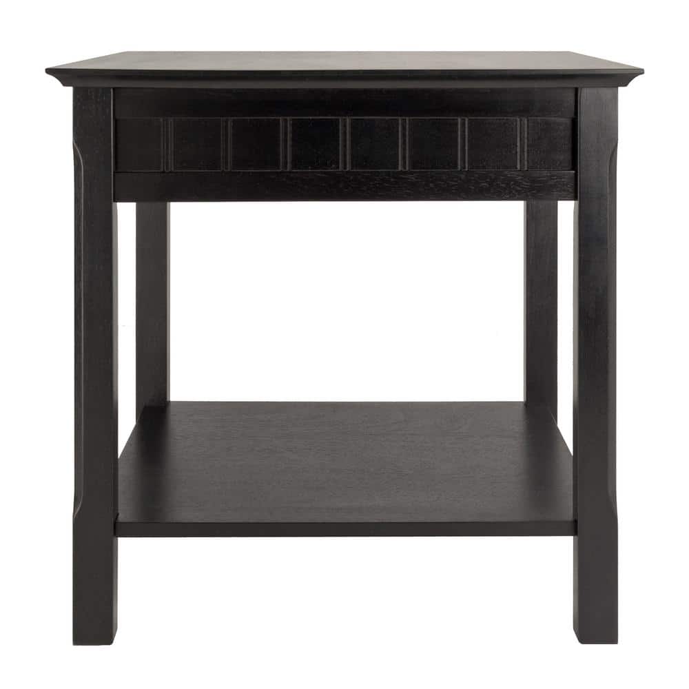 Transitional Timber Black Wood End Table with Drawer and Shelf