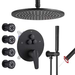 Single Handle 3-Spray Shower Faucet 1.8 GPM 10 in. Round Ceiling Mounted with Pressure Balance in Matte Black with 4-Jet