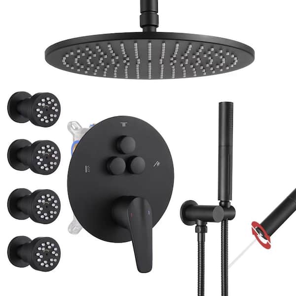 Vanfoxle Single Handle 3-Spray Shower Faucet 1.8 GPM 10 in. Round Ceiling Mounted with Pressure Balance in Matte Black with 4-Jet