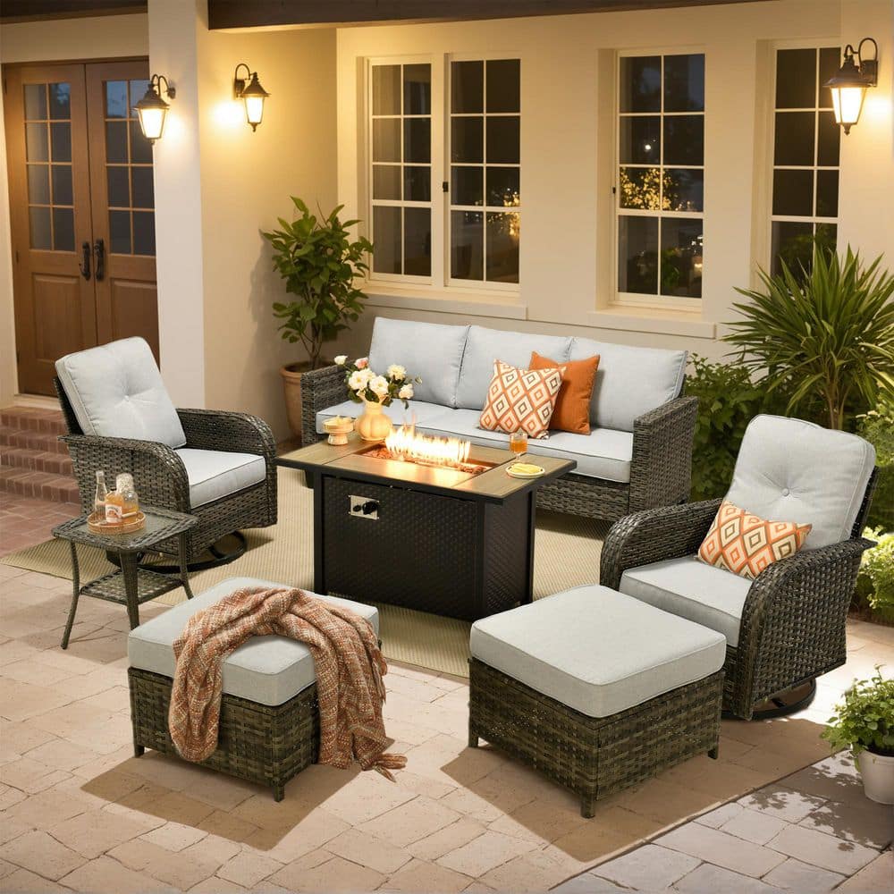 Lotus Pond 7 Pieces Wicker Outdoor Patio Rectangular Fire Pit Set and Swivel Rocking Chairs with Gray Cushions price history on PriceWatchPro