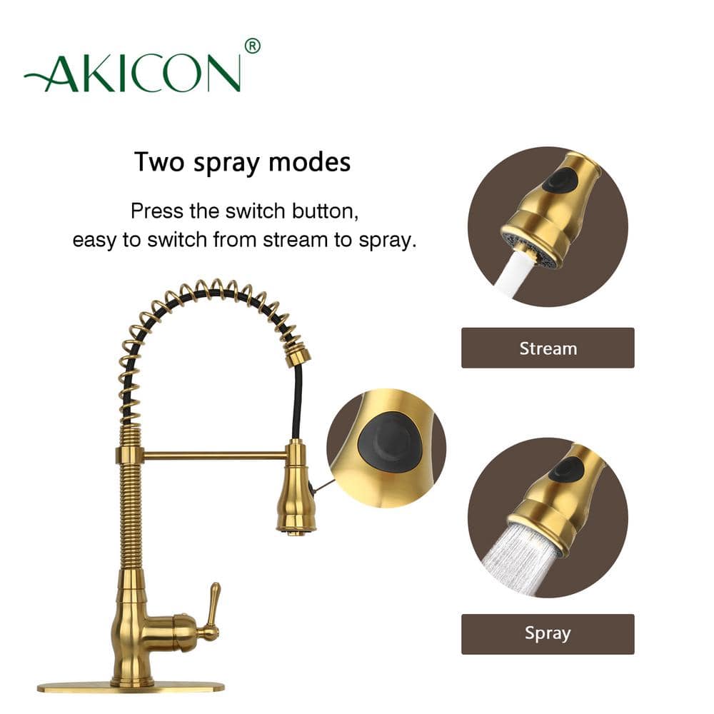 Brushed Gold Brass Double Handle Kitchen Faucet with Pull-out Spray