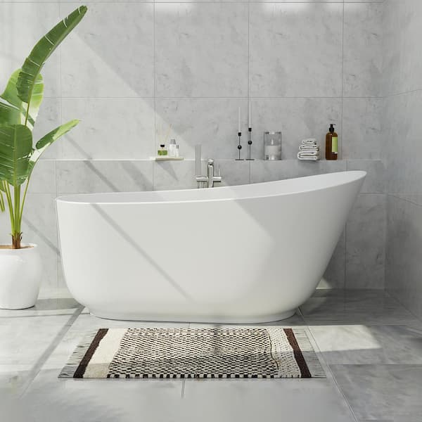 GIVING TREE 59 in. x 30 in. Single Slipper Freestanding Soaking Bathtub in White Solid Surface