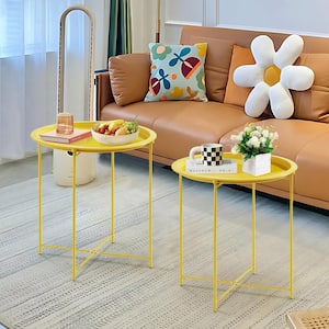 Round Side/End Table, Folding Round Metal Anti-Rust and Waterproof Outdoor or Indoor Tray, Yellow Set of 2