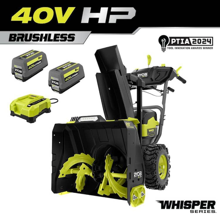 RYOBI 40V HP Brushless Whisper Series 22" 2-Stage Cordless Electric Self-Propelled Snow Blower - (2) 8 Ah Batteries & Charger