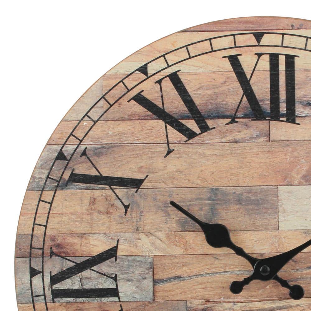 14-Inch Rustic Brown Wooden Roman Numeral Wall Clock