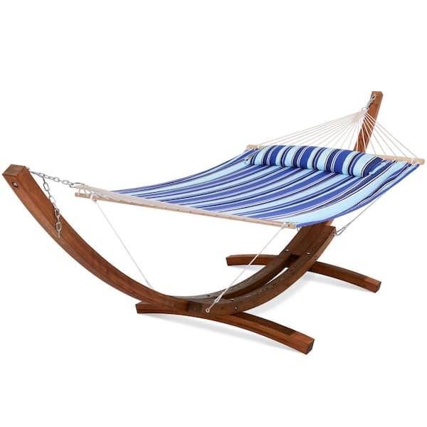 Atesun Quilted 2-Person Hammock Bed with 13.5 ft. Wooden Curved Arc Stand in Blue Stripes
