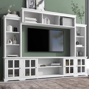 White Minimalism Style TV Stand Fits TV's up to 70 in. with 3-Tier Shelves and Tempered Glass Door