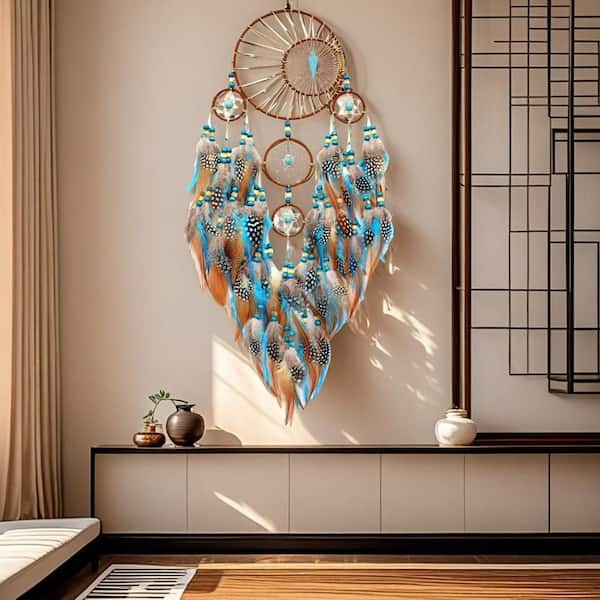 Blue 12 in. x 21.7 in. Handmade Dream Catcher with Feathers