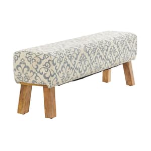 Cream Arabesque Scroll Bench with Wood Legs 17 in. X 50 in. X 13 in.
