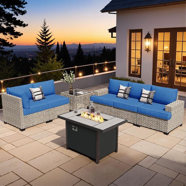 XIZZI Echelon 7-Pieces Wicker Outerdoor Patio Rectangular Fire Pit Set with Diamond Blue Cushions