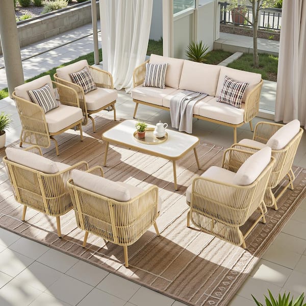 Nyajiah 8-Piece Wicker Patio Conversation Set Outdoor Rope Glider Chair Set with Beige Cushions