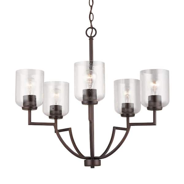 HOMEPLACE LIGHTING Carter 26 in. W x 24 in. H 5-Light Clear Seeded Glass Chandelier in Bronze