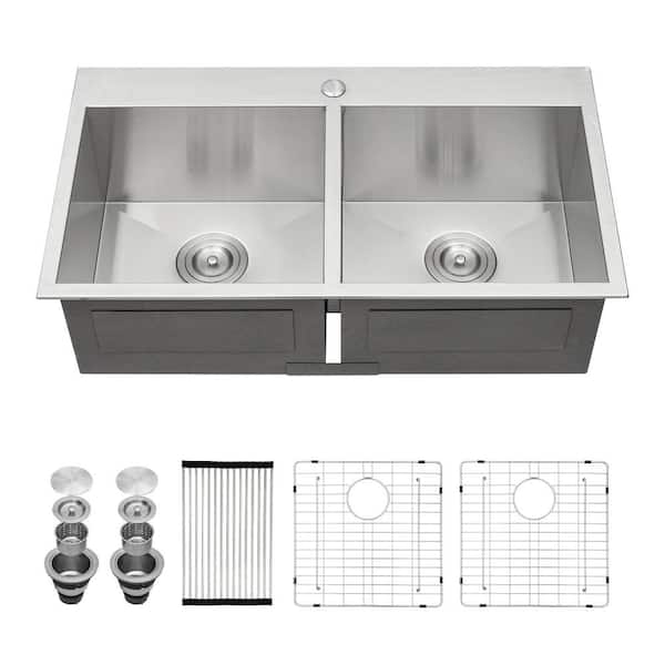 RAINLEX 33 in. L x 22 in. W Drop-in Double Bowls 18 Gauge Stainless Steel Kitchen Sink in Brushed Nickel