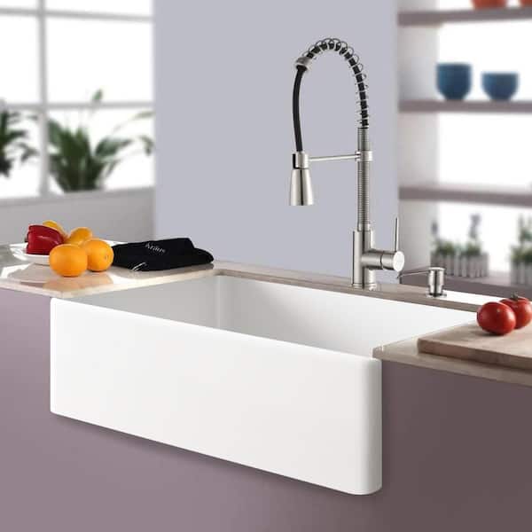 Interbath 33 in. L x 18 in. W Farmhouse/Apron-Front Single Bowl Fireclay Kitchen Sink in White