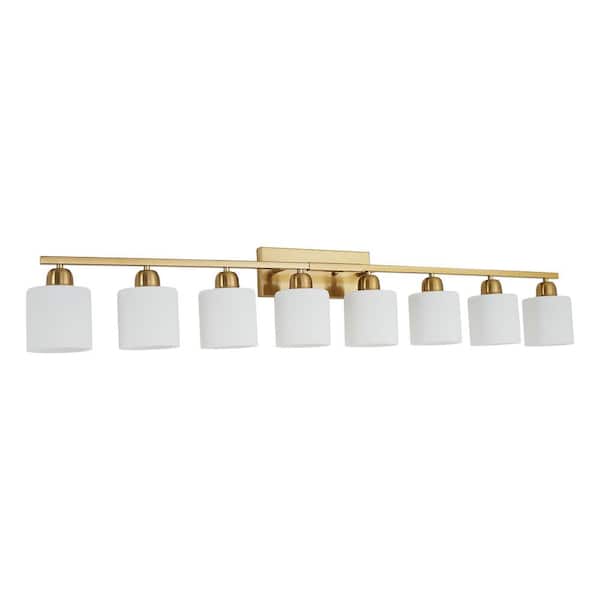 52 in. 8-Light Gold Bathroom Vanity Light Fixture with Milky White Frosted Glass Shades, no bulbs included